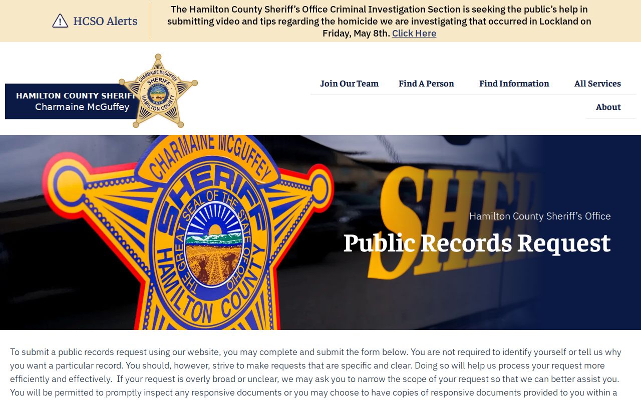 Green Township neighbors Hamilton County Sheriff public-records request page