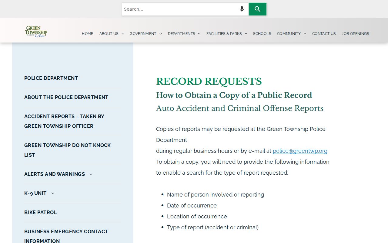 Green Township neighbors township police record request page