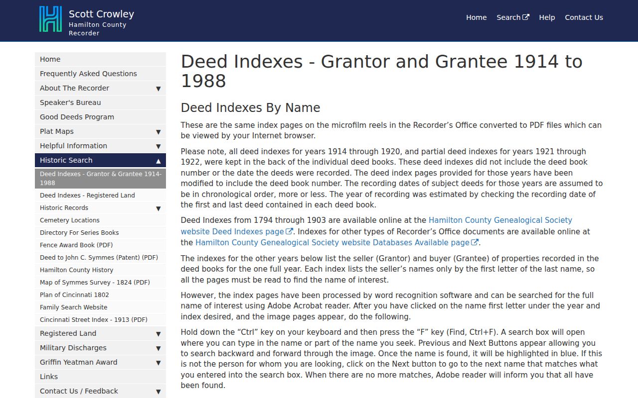 Green Township previous residents deed research through Hamilton County Recorder grantor and grantee historic indexes