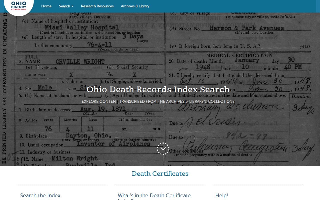 Green Township previous residents historical death-record index research at the Ohio History Connection