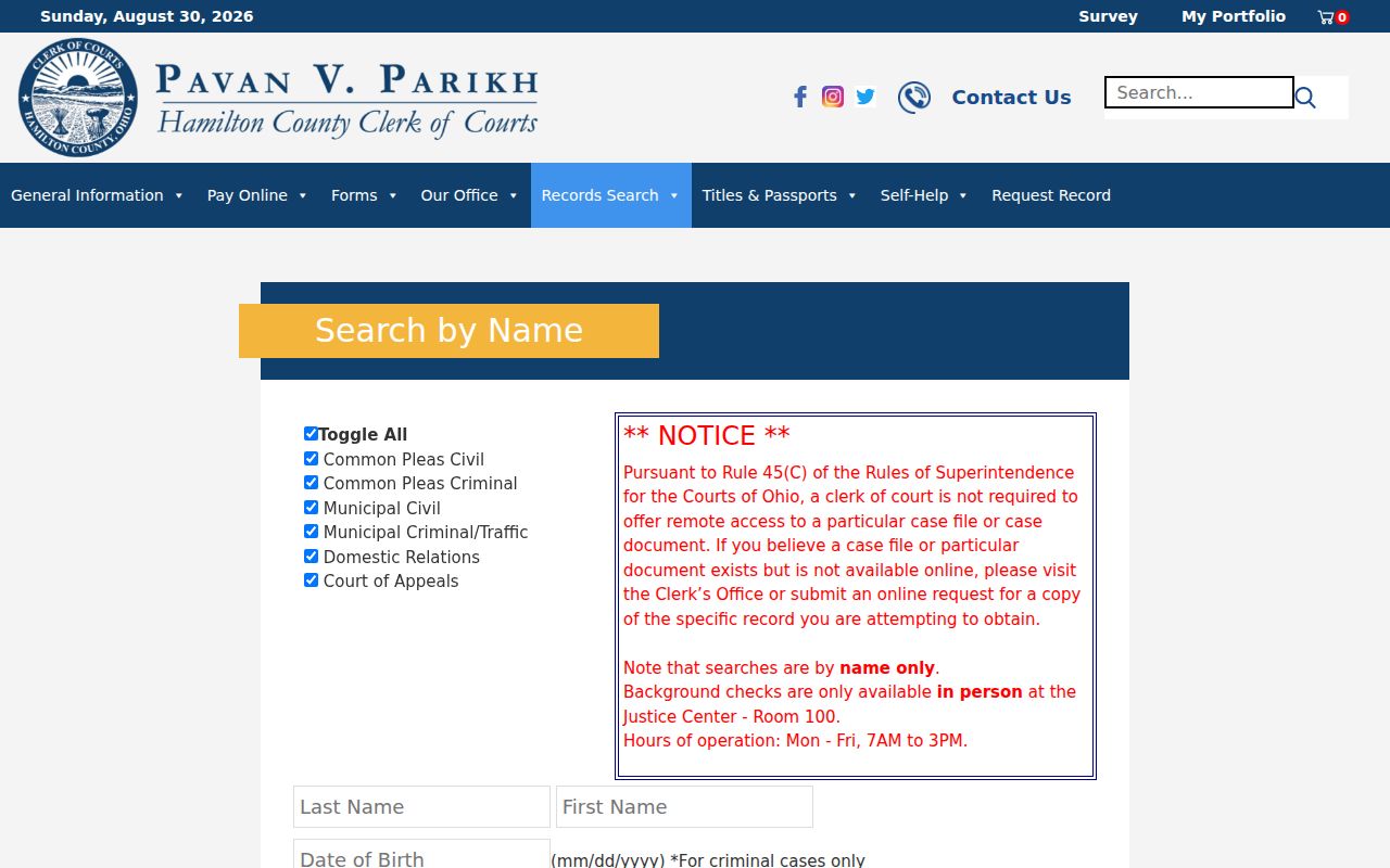 Green Township resident lookup using the Hamilton County Clerk court name search