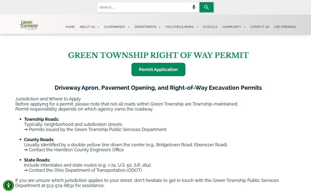 Green Township street directory township right-of-way permit page