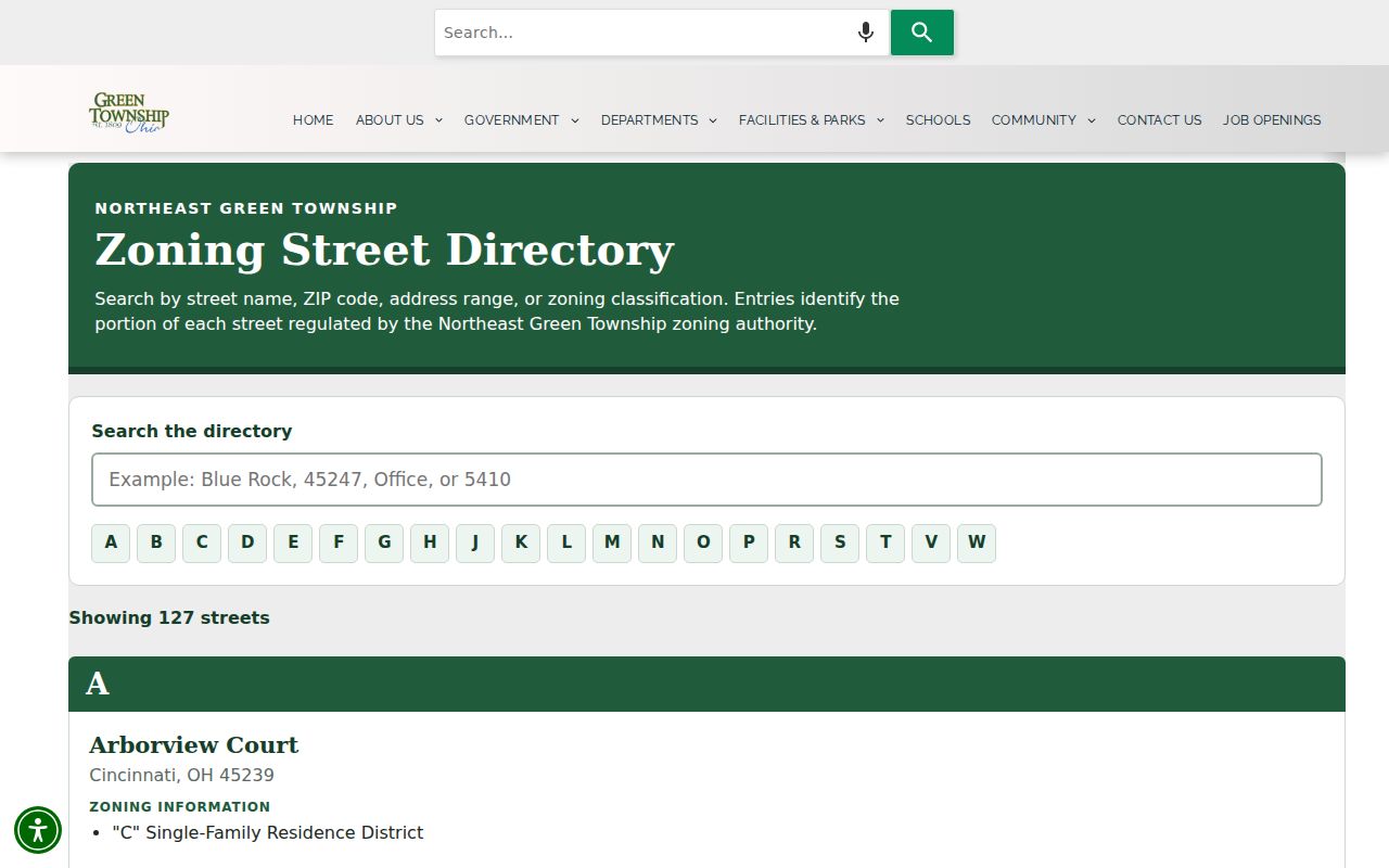 Green Township ZIP code directory reference using the township zoning street directory